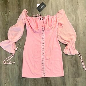 PrettyLittleThing Pink Chiffon Sleeve Hook & Eye Bodycon Dress
